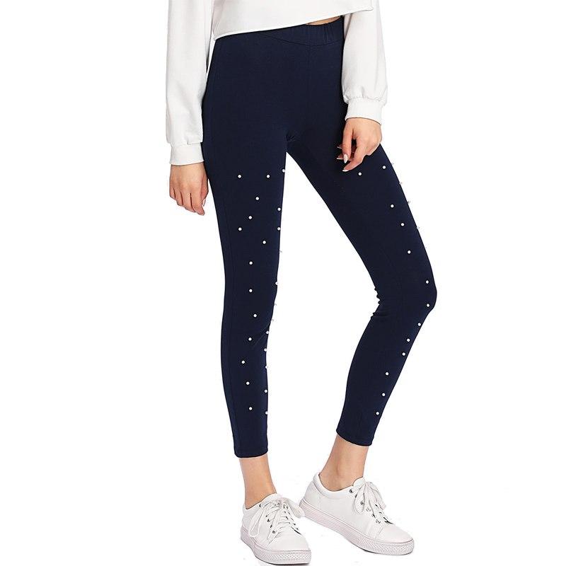 Pearl Beading Navy Blue High Waist Leggings
