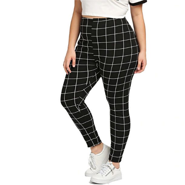 Black And White Grid Print Plus Size Casual Leggings