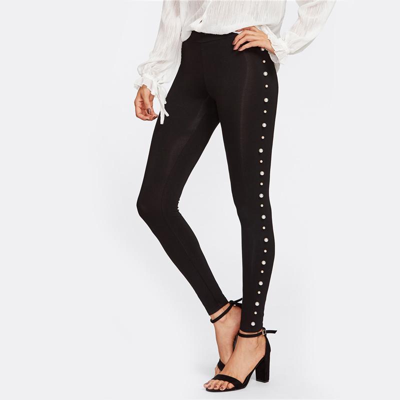 Pearl Embellished Black Leggings