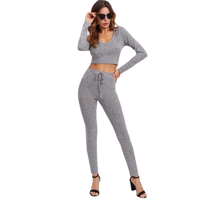 Grey Long Sleeve Hoodie Crop Tee And Leggings