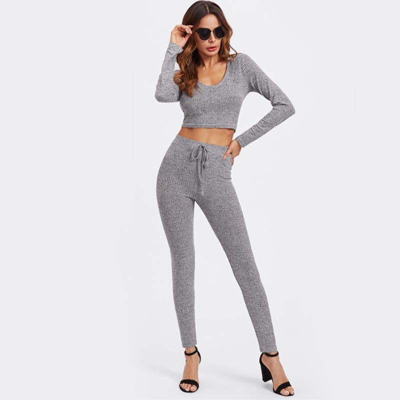 Grey Long Sleeve Hoodie Crop Tee And Leggings
