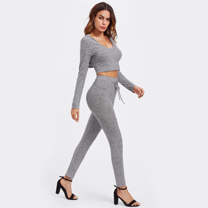 Grey Long Sleeve Hoodie Crop Tee And Leggings