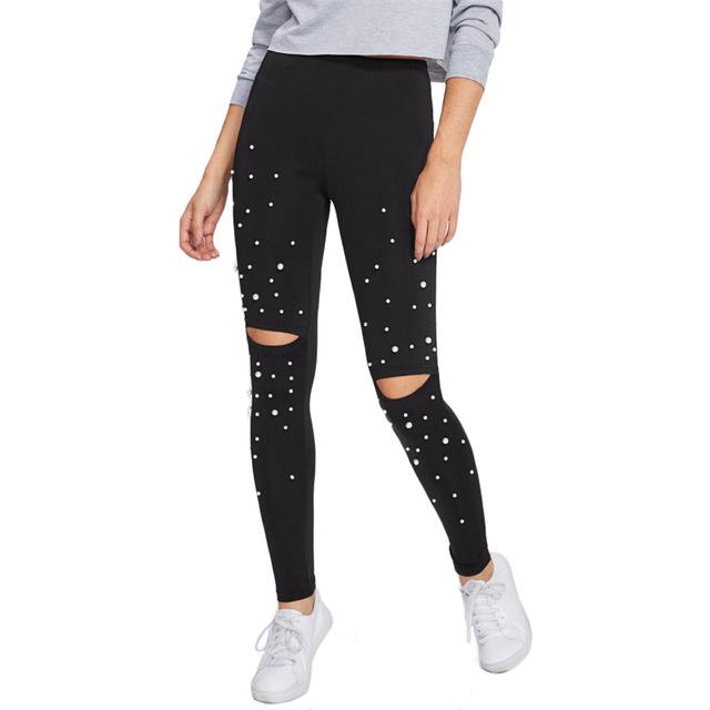 Pearl Beading Open Knee Cut Out Leggings