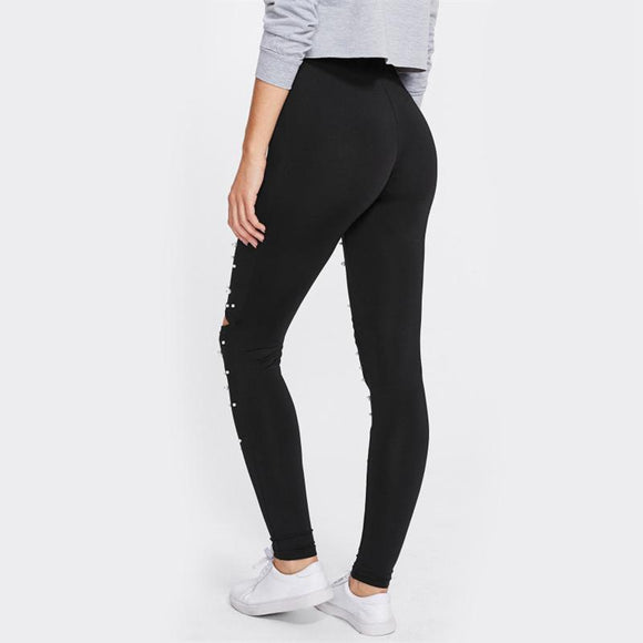 Pearl Beading Open Knee Cut Out Leggings