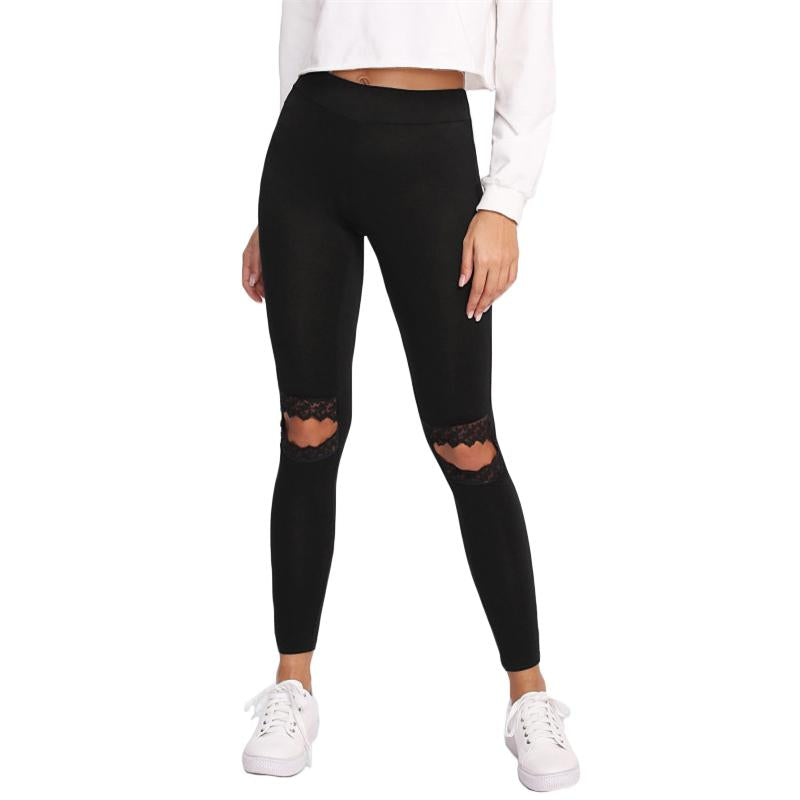 Black Mesh Insert Knee Cut Out Fitness Casual Leggings
