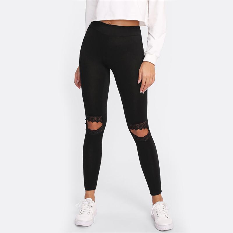 Black Mesh Insert Knee Cut Out Fitness Casual Leggings