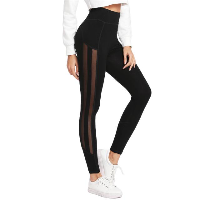 Black Striped Mesh Panel Elastic Casual Leggings