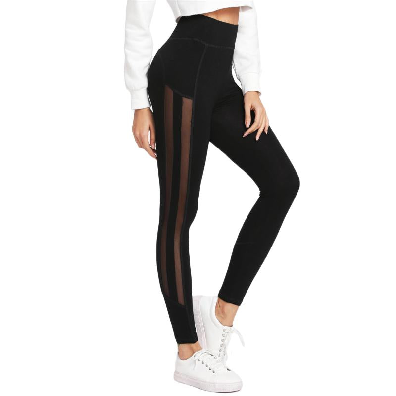 Black Striped Mesh Panel Elastic Casual Leggings