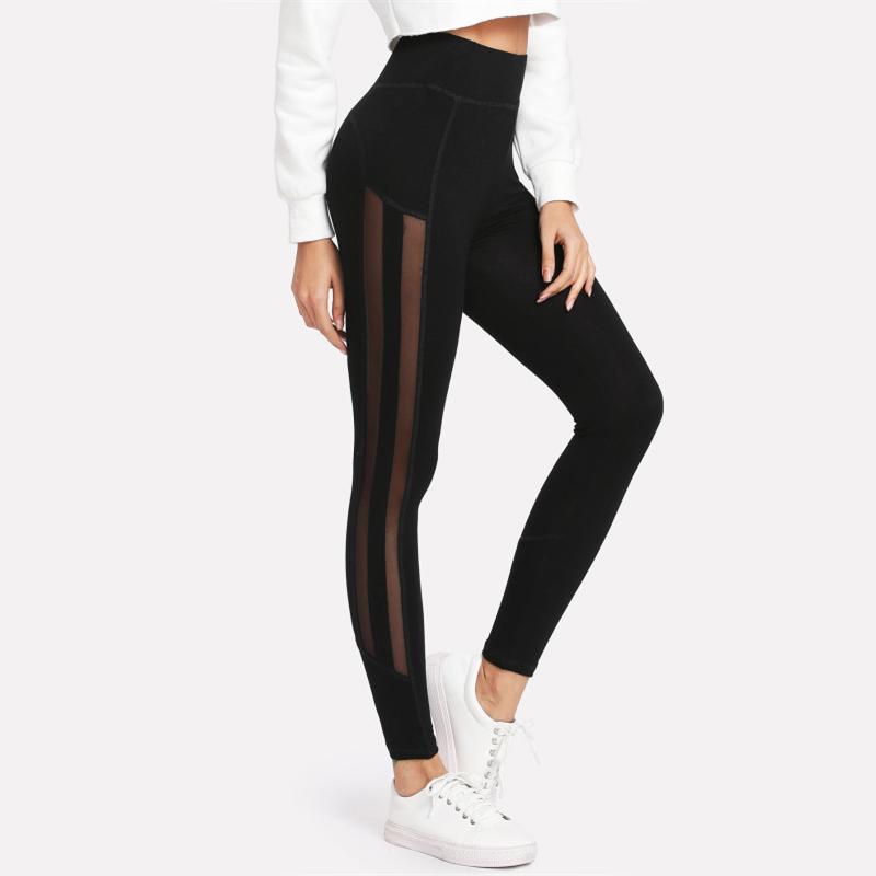 Black Striped Mesh Panel Elastic Casual Leggings