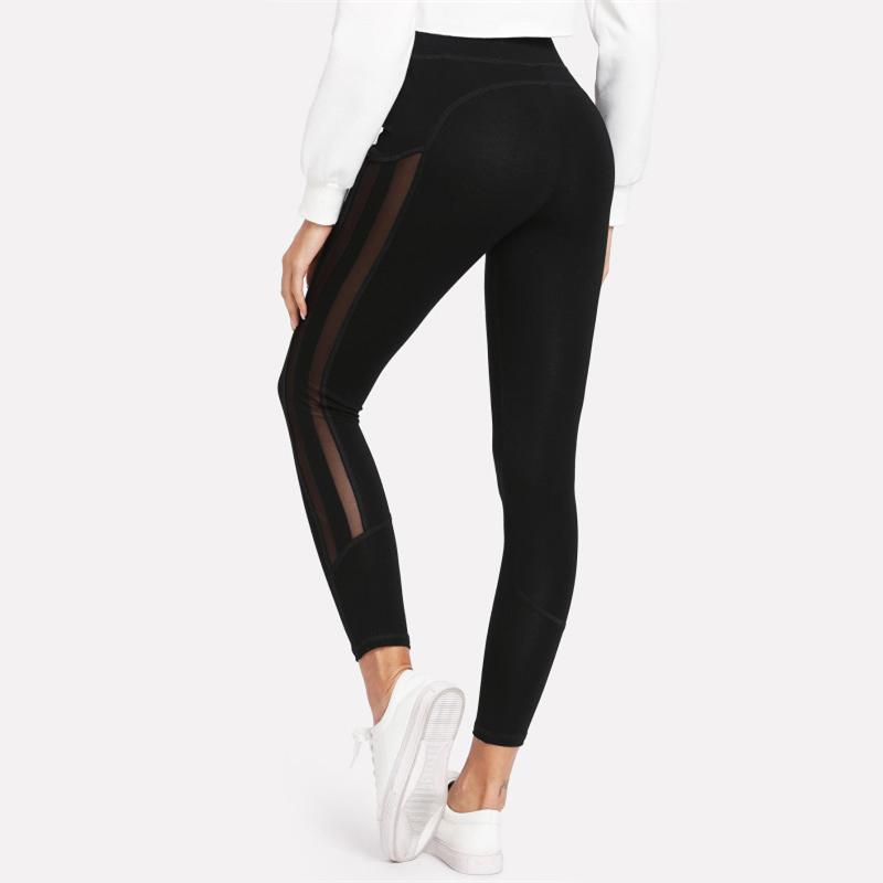 Black Striped Mesh Panel Elastic Casual Leggings
