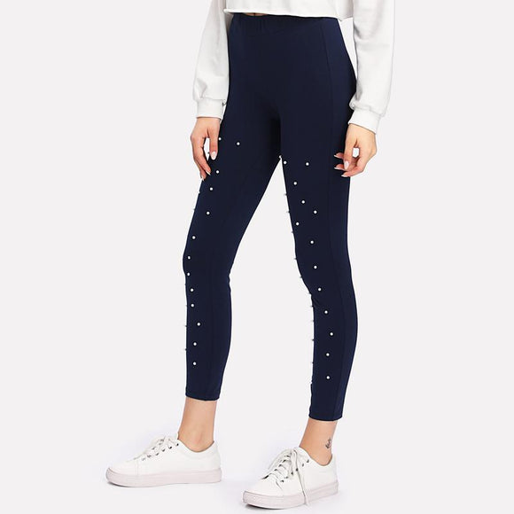 Pearl Beading Navy Blue High Waist Leggings