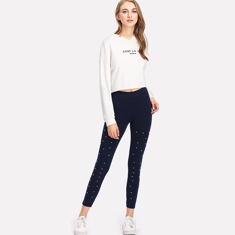 Pearl Beading Navy Blue High Waist Leggings