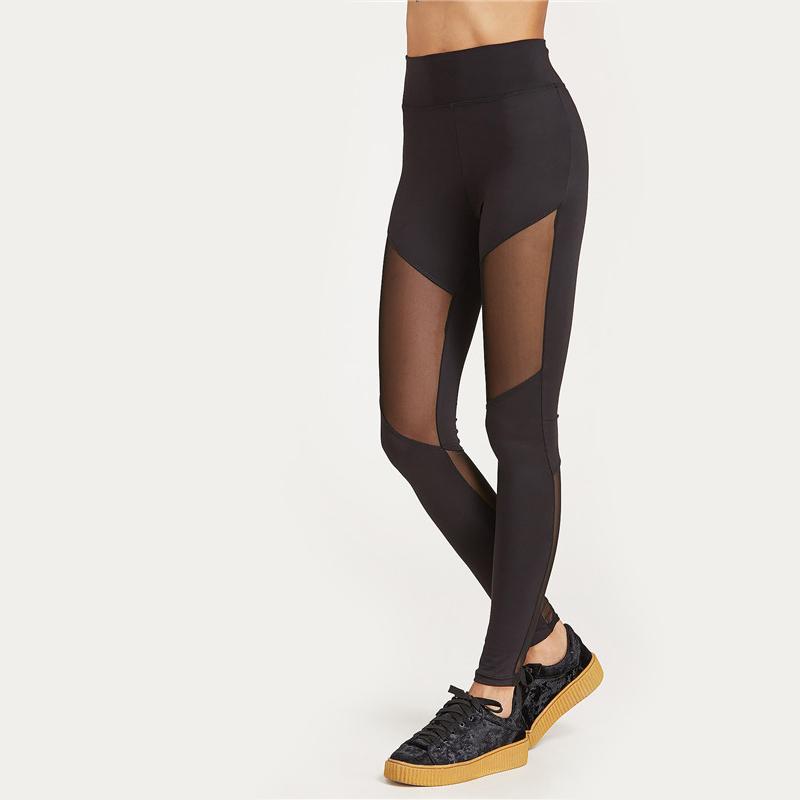 Square Mesh Insert Wide Waistband Leggings