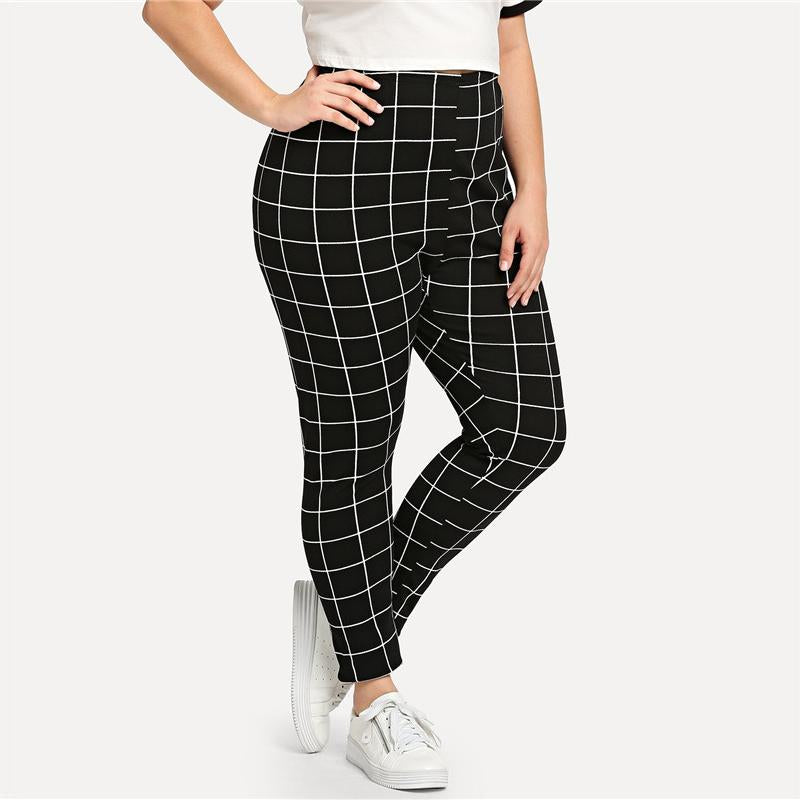 Black And White Grid Print Plus Size Casual Leggings