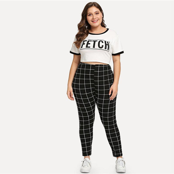 Black And White Grid Print Plus Size Casual Leggings