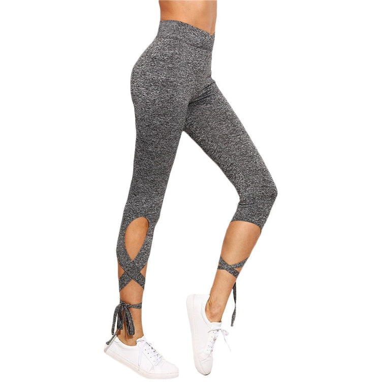 Plain Grey High Waist Crisscross Tie Fitness Leggings