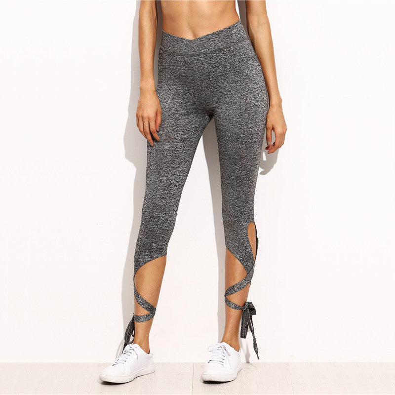 Plain Grey High Waist Crisscross Tie Fitness Leggings