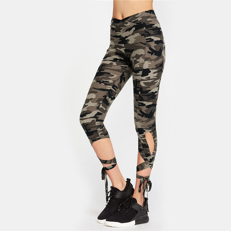 Plain Grey High Waist Crisscross Tie Fitness Leggings