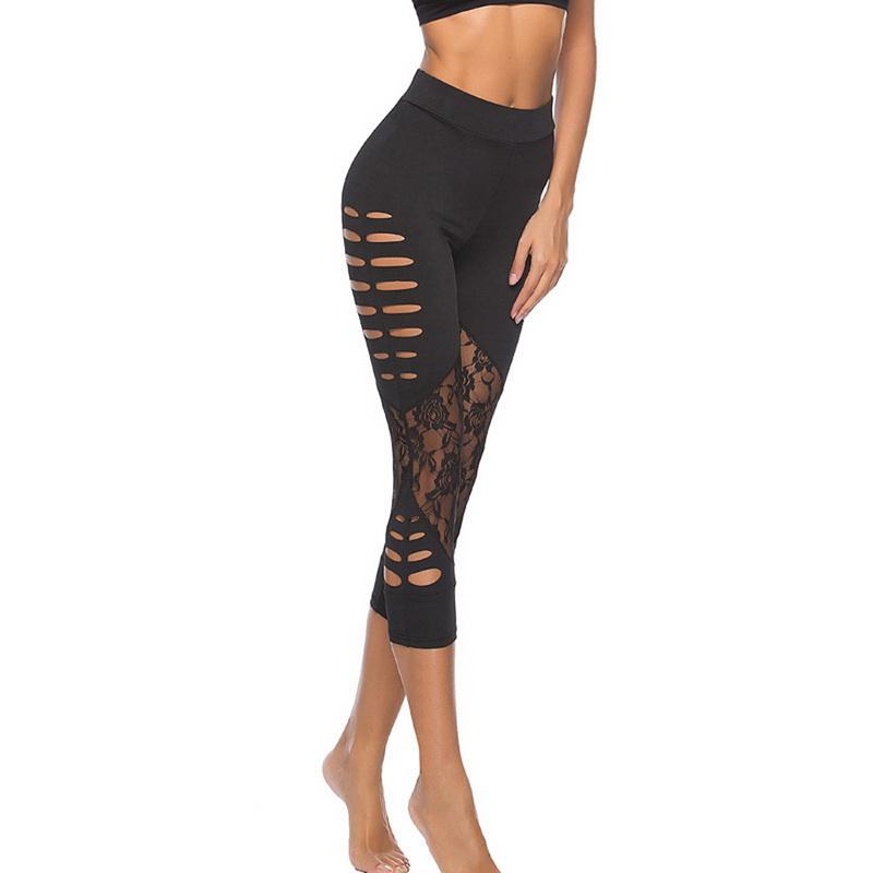Black Lace Patch Mid-Calf Casual Leggings