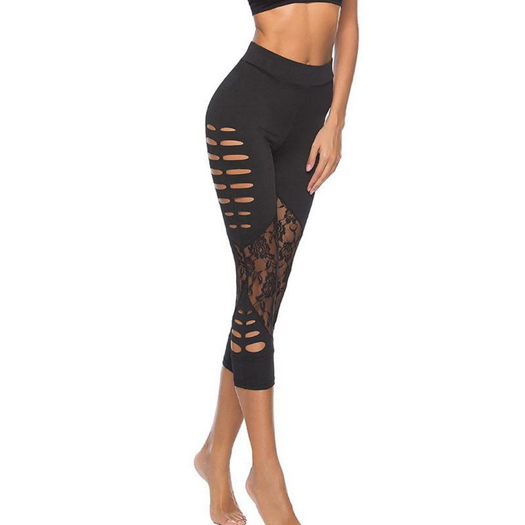 Black Lace Patch Mid-Calf Casual Leggings