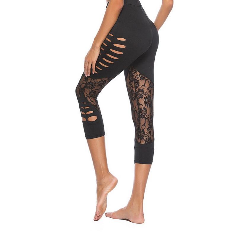 Black Lace Patch Mid-Calf Casual Leggings