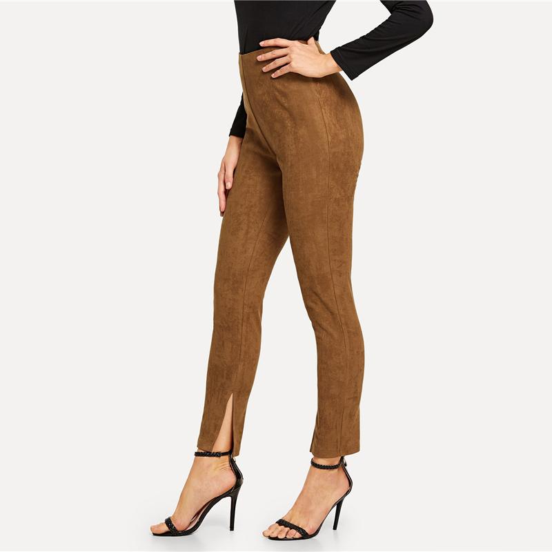 Brown Split Hem Suede Casual Leggings