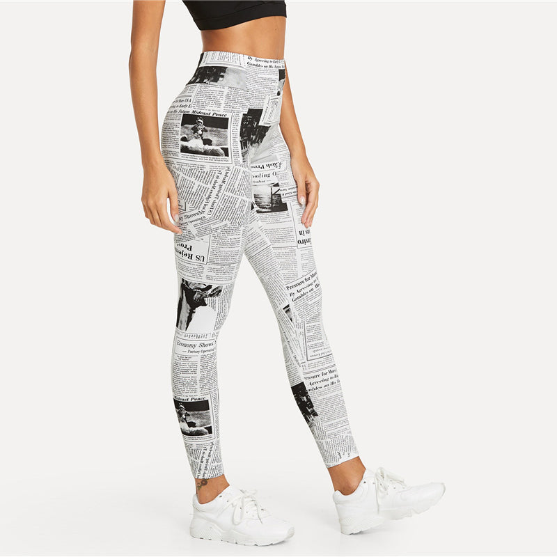 Black & White Newspaper Print Casual Leggings