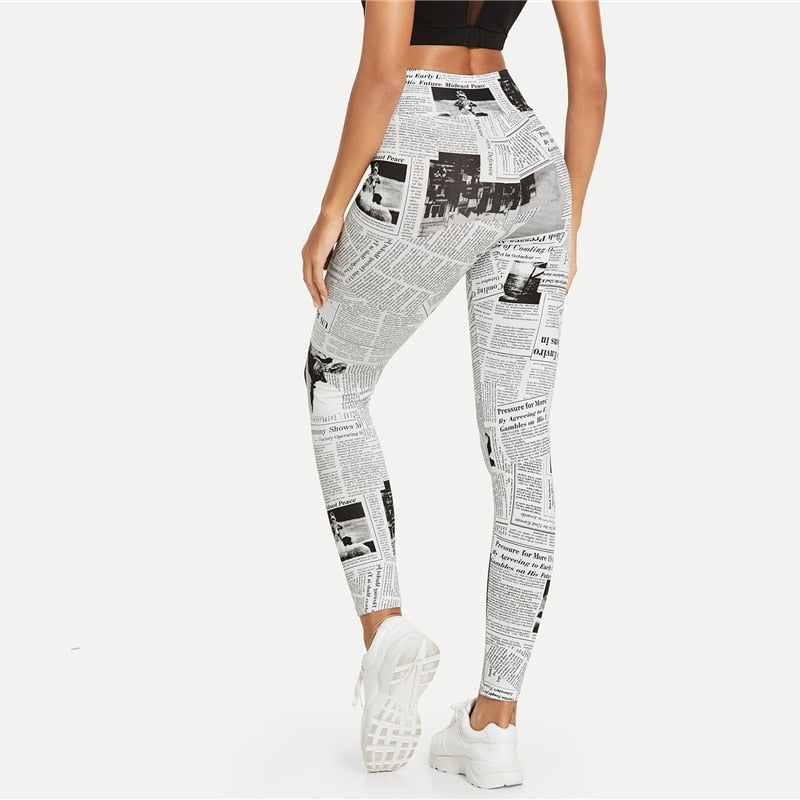 Black & White Newspaper Print Casual Leggings