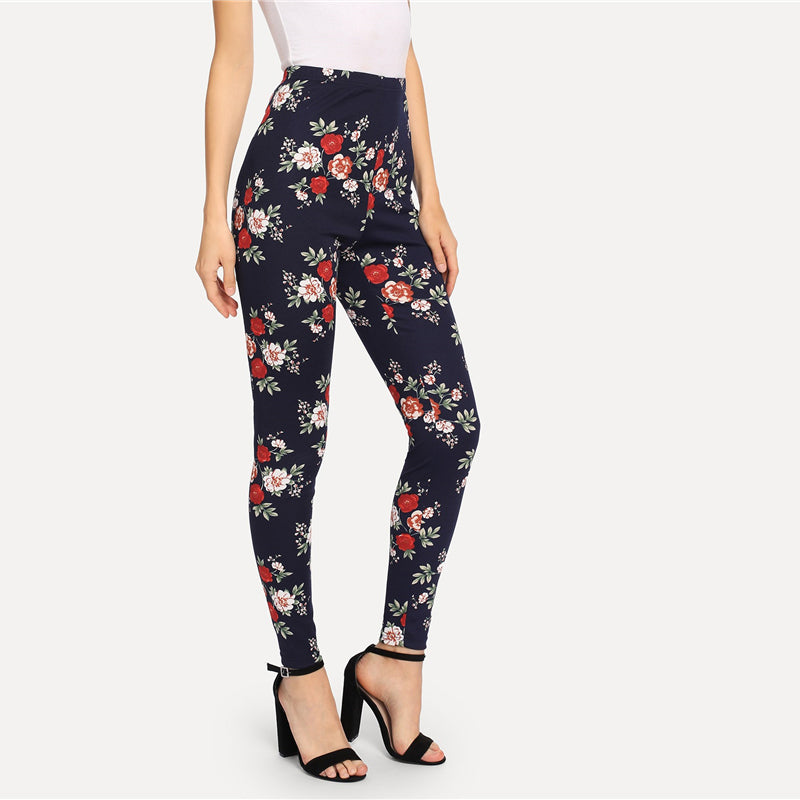 Elegant Navy Flower Print Casual Leggings