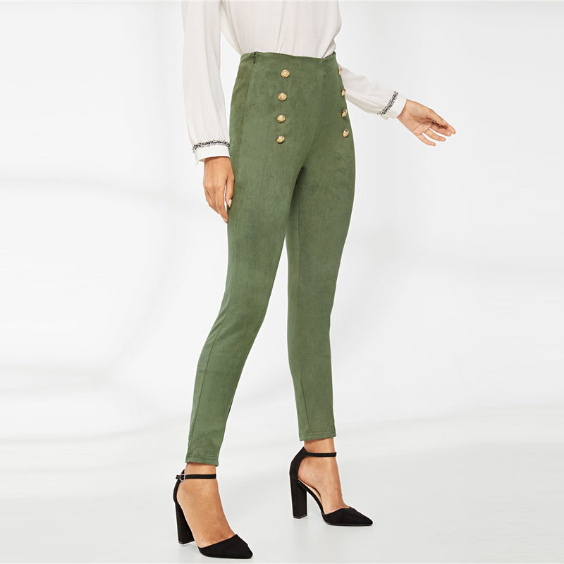 Green High Waist Double Breasted Front Leggings