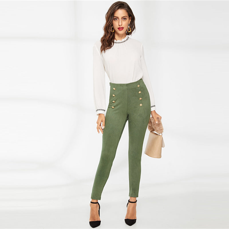 Green High Waist Double Breasted Front Leggings