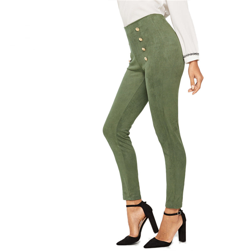 Green High Waist Double Breasted Front Leggings