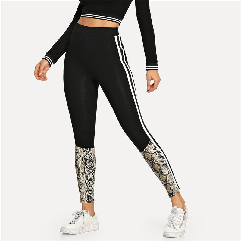 Solid Striped Side Snakeskin Print Leggings