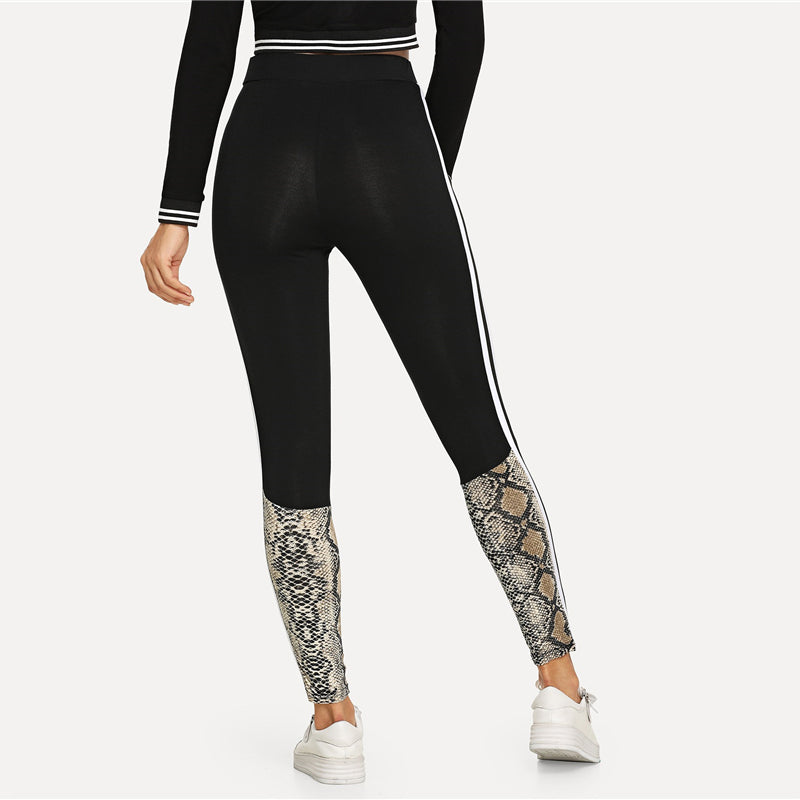 Solid Striped Side Snakeskin Print Leggings