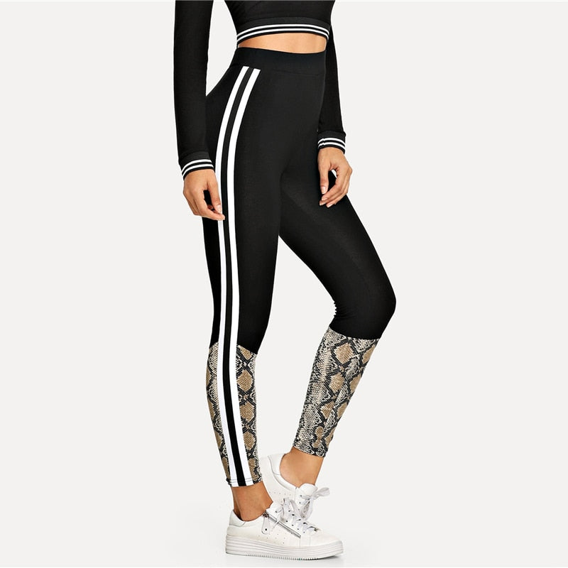 Solid Striped Side Snakeskin Print Leggings