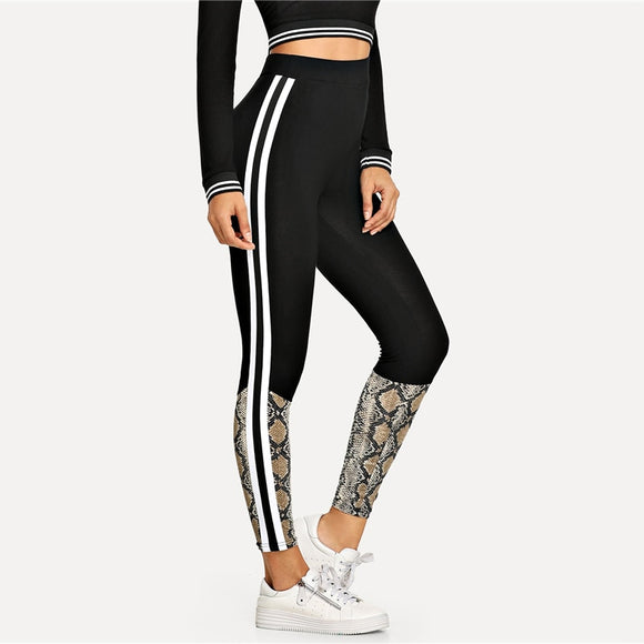 Solid Striped Side Snakeskin Print Leggings