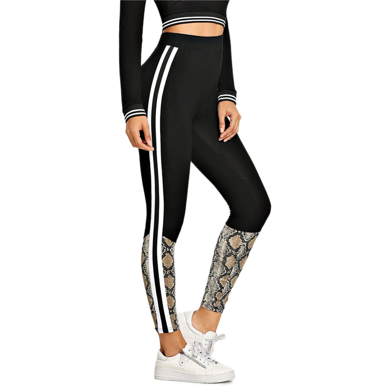 Solid Striped Side Snakeskin Print Leggings