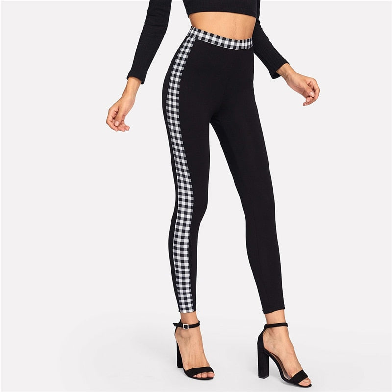 Black Gingham Waistband & Side Seam Leggings